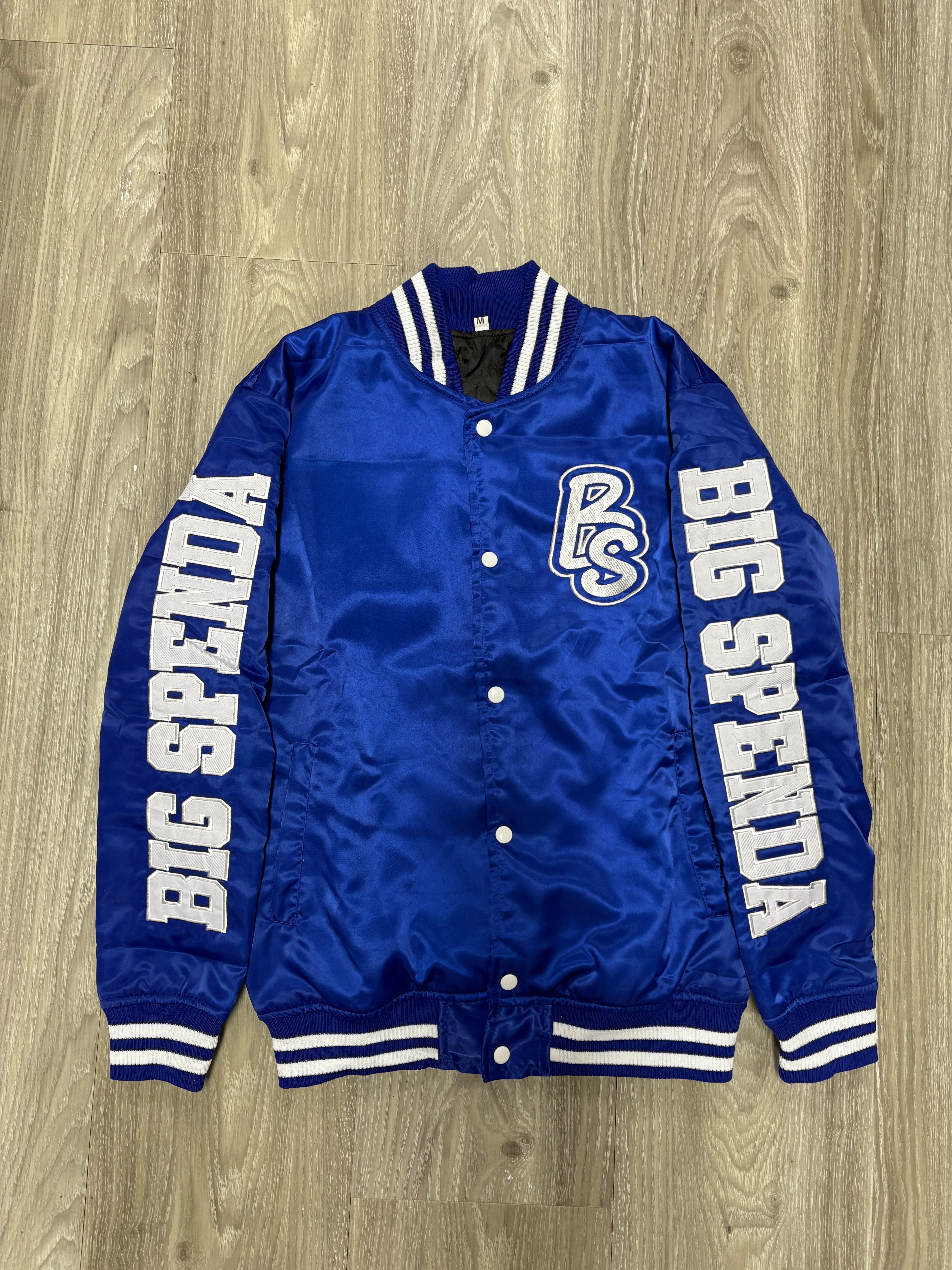 BS LOGO SATIN VARSITY JACKET BLUE/WHITE – Big Spenda