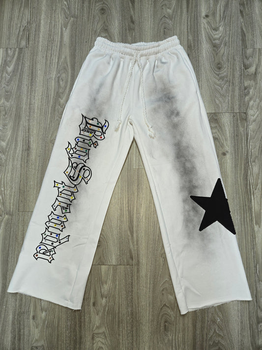 BS WHITE PANTS WITH BLK SUN FADE.. RHINESTONES